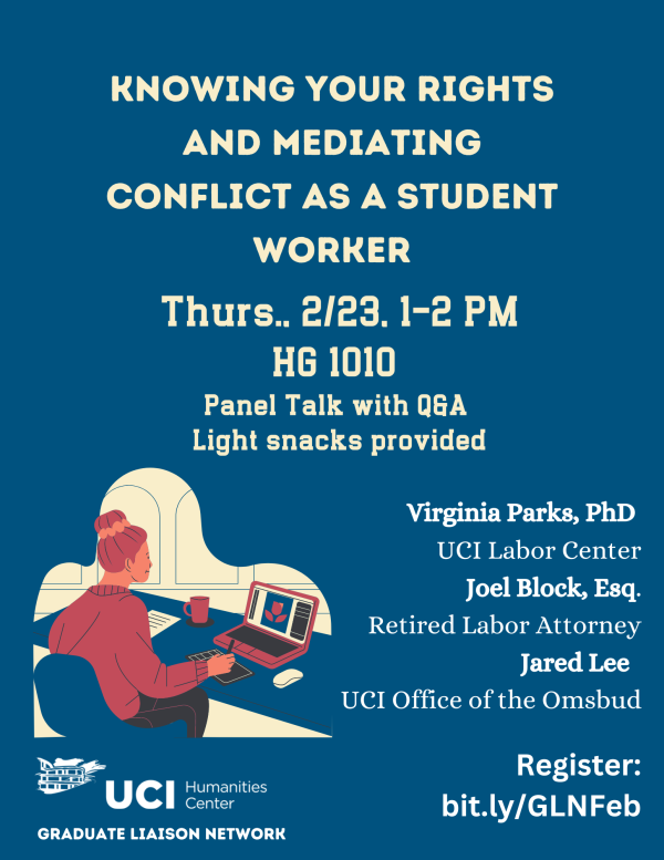 Text: "Knowing your rights and mediating conflict as a student work" with event information
