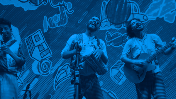 Blue filter over musicians playing instruments