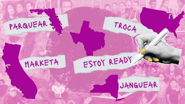 Pink filter over a globe with Spanish words throughout