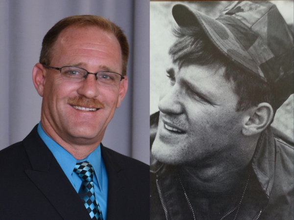 Colin S. Andrews left present, right serving in military.