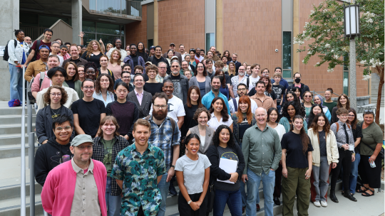 A group photo of all Composition faculty, lectures and Graduate students in front of Anteater Learning Pavilion.