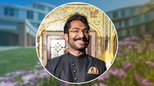 A graphic of Prashanth Kamalakanthan in front of Humanities Gateway