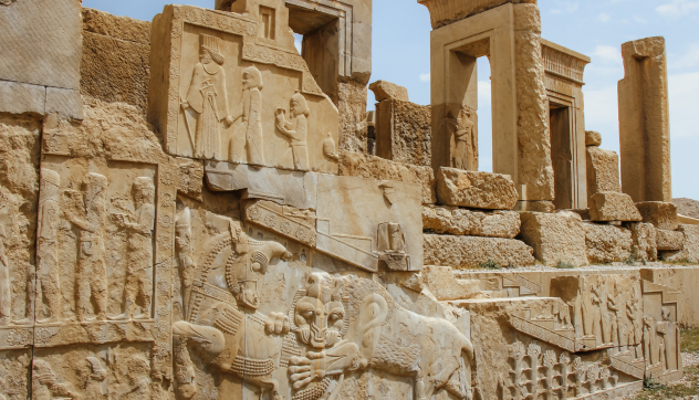 A photo of the interesting scene of the lion devouring the bull on the Apadana palace at Persepolis may symbolize the end of winter and the beginning of spring. 