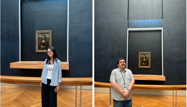 Loris Yao and Amir Ardekanian stand in front of the Mona Lisa without a crowd.
