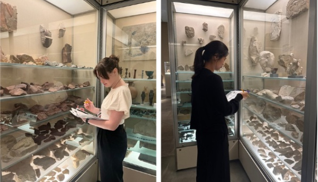 Melissa DePierro and Maddy Hua taking notes and looking at artifacts.