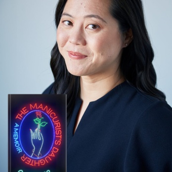 Photo of author with book cover