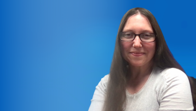 Rebecca Nykwest smiles against a blue background