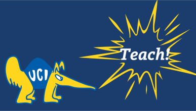 A graphic of Peter the Anteater and a yellow comic burst with the word "Teach!" in it.