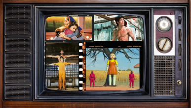 Retro TV with collage of film stills inside