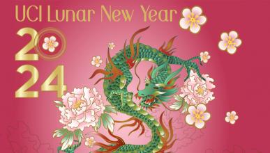 A dragon on a pick background with the text "UCI Lunar New Year 2024"