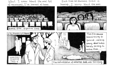 A screen shot of "The Neurobiology of Protest Rocío Pichon-Rivière" her comics with drawings and text.