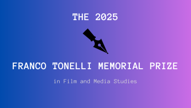 the 2024 Franco Tonelli Memorial Prize in Film and Media Studies, on a blue and purple background.