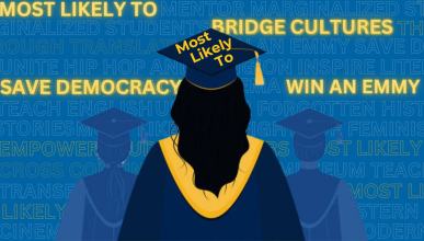 An edited graphic of a person in their cap and gown with text in the background which says all of the superlatives.