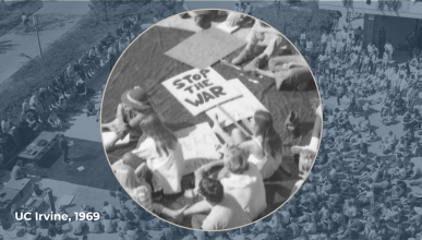 Moratorium taking place on UC Irvine campus in 1969. The image is edited to zoom in to show on of the protesters signs that reads "Stop the war".