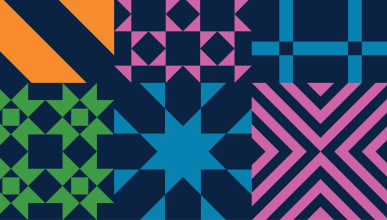 Tile design in blue, green, pink and orange shapes over a blue background.