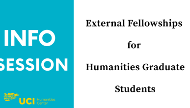 teal and white background with text "info session: external fellowships for humanities graduate students"