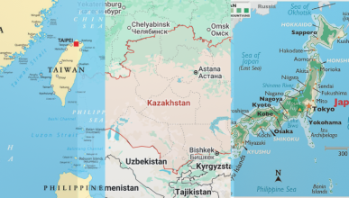 Map collage of Taiwan, Kazakhstan, and Japan