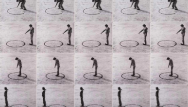 Four pictures of a circle on the ground with man