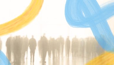 shadow of people with graphic design of ribbons in the front