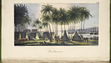 A historical lithograph titled "Port d'Hanarourou" (Port of Honolulu) by Louis Choris, depicting a scene in Hawaii in 1816. 