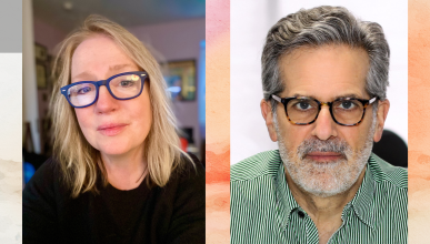 Profile images of the two writers, Kathy Fagan and Jonathan Lethem