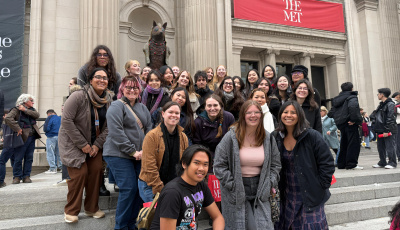 The group of Art History students is standing in front of the Met Museum.