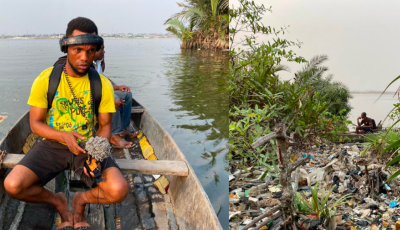 collage with man on boat with headphones and mic; forest scene with debris